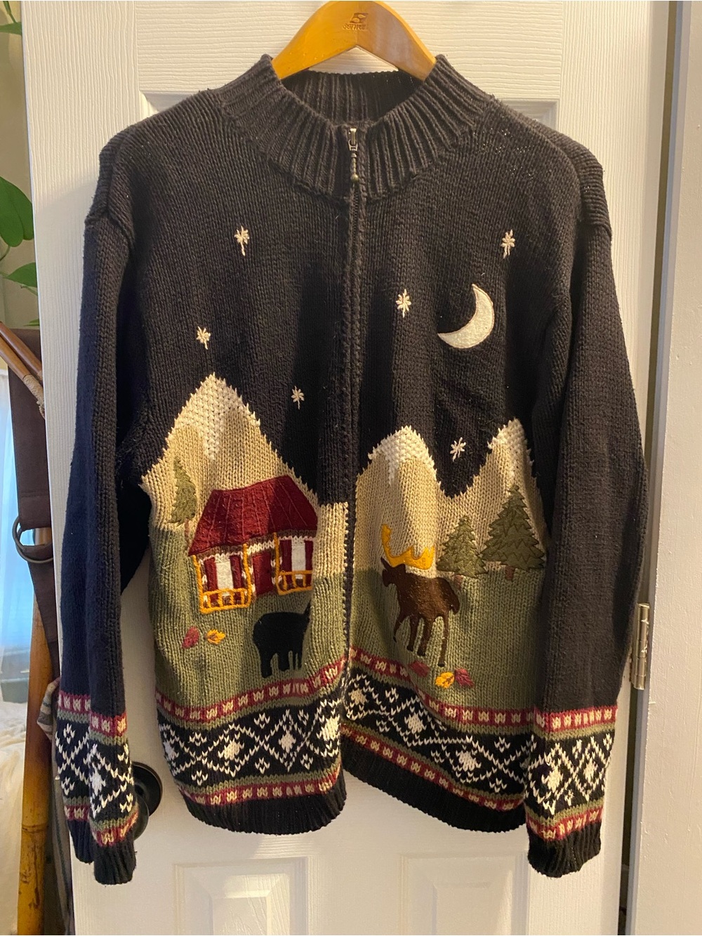 Zip-Up Cabin Scene Knit Sweater